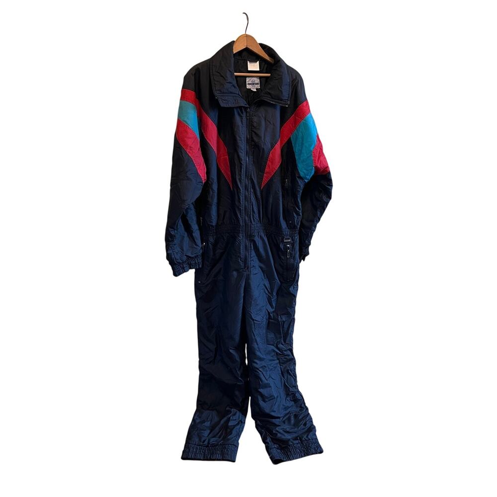 Vintage 80s Edelweiss Black Red Teal One Piece Ski Snowsuit Men’s L